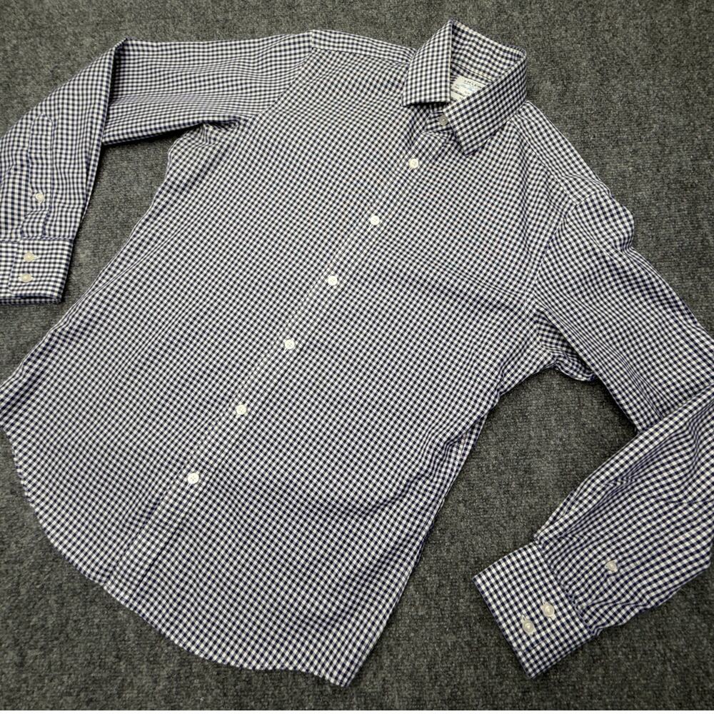 T.M. Lewin Shirt Mens 15.5 34/35 Slim Fit Blue Gingham Non Iron Cotton